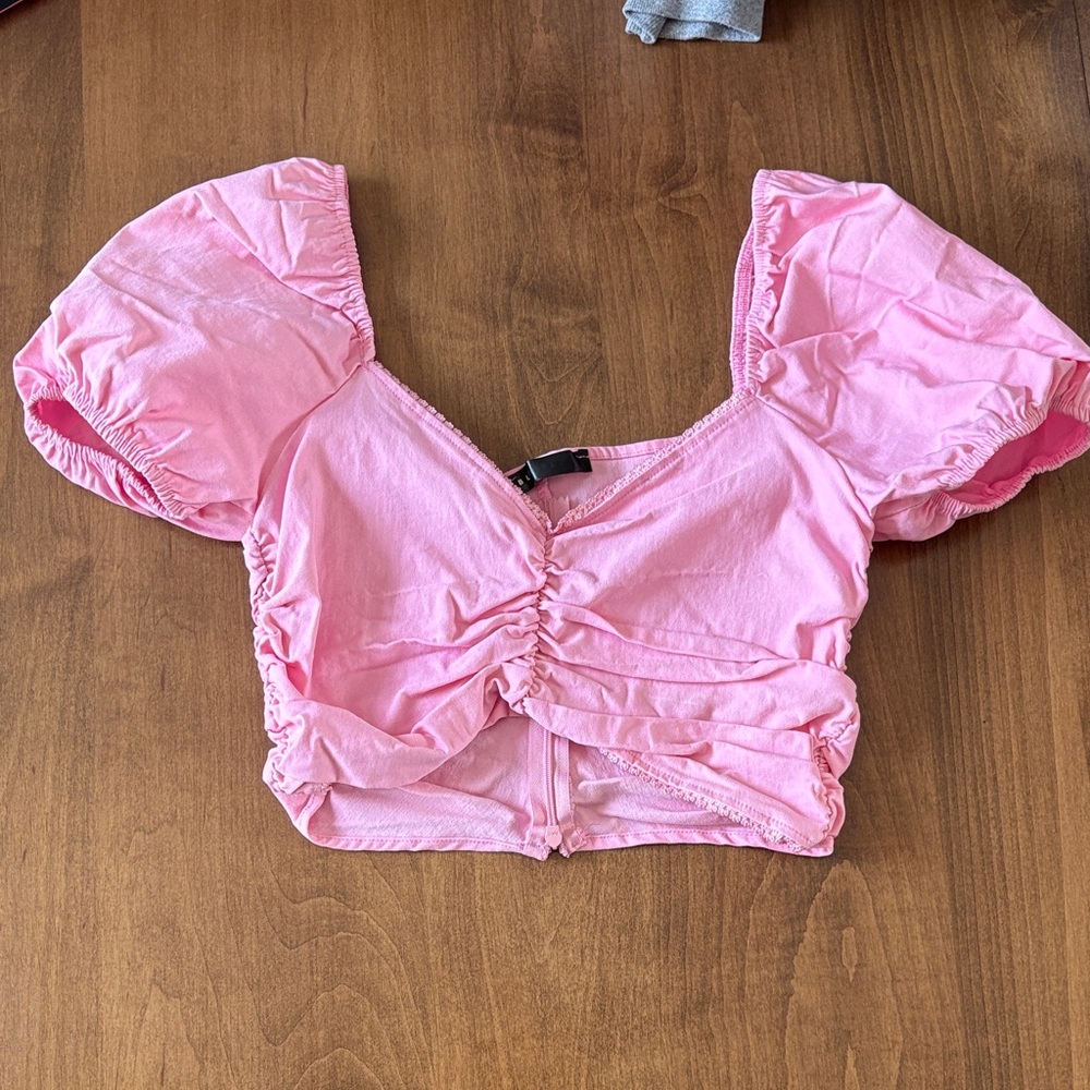 Pink Puff Sleeve Crop Top with Ruffles